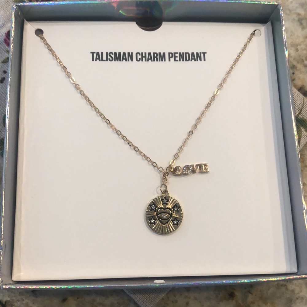 NEW Steve Madden Talisman Charm Pendant Necklace Gold Tone Seeing Eye Love